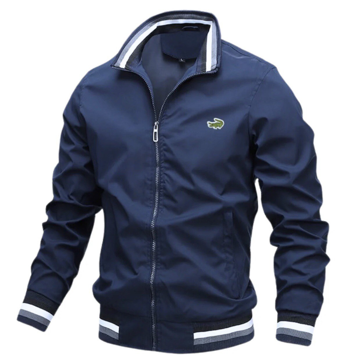 Sportliche Herrenjacke mit gestreiftem Kragen und gesticktem Logo