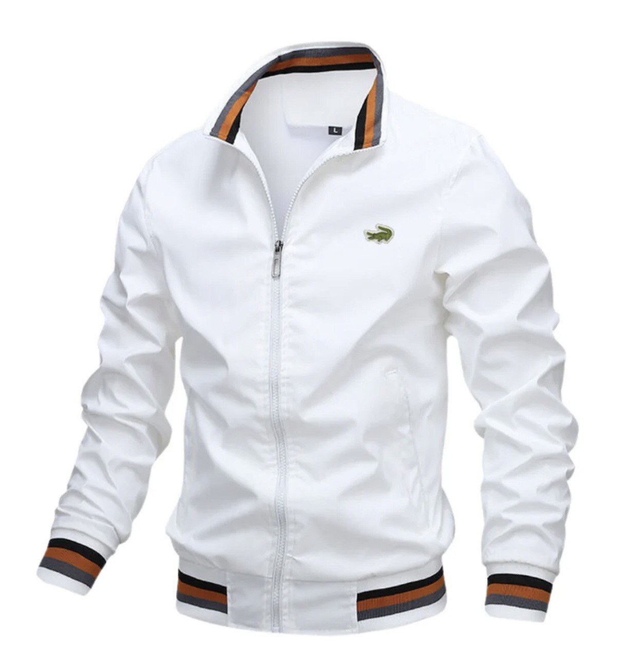 Sportliche Herrenjacke mit gestreiftem Kragen und gesticktem Logo