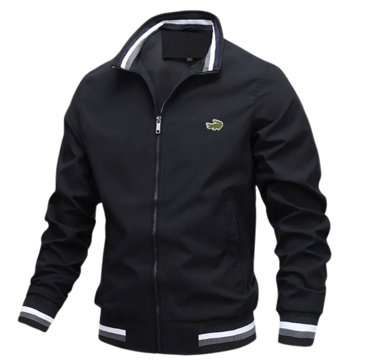 Sportliche Herrenjacke mit gestreiftem Kragen und gesticktem Logo